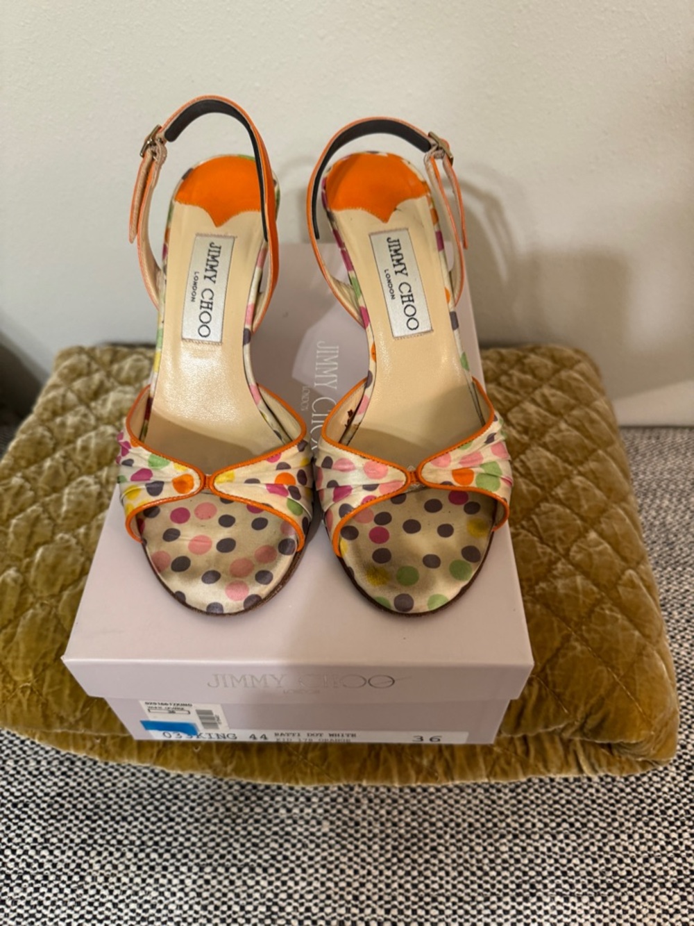 Jimmy Choo Multicolor Polka Dot Satin Slingback Sandals